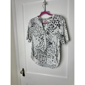 Eliane Rose Black White Leopard Print Short Sleeve Button Down Blouse Small